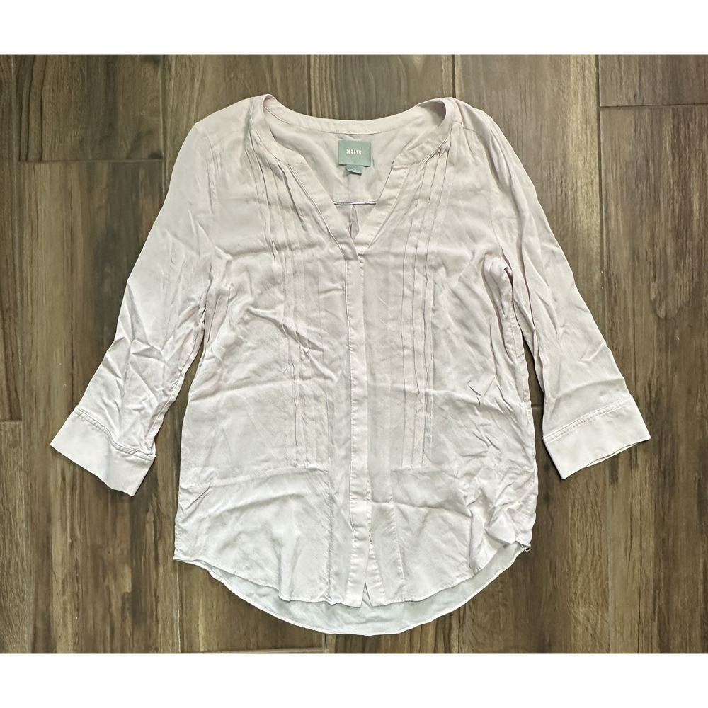Maeve Anthropologie Pink Pleated V-Neck 3/4 Sleeve Rayon Blouse Size 10 OB362409